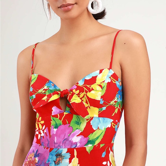 Lulus Santiago Red Floral Sleeveless Cami Tie Front Tank Maxi Dress XS - Picture 2 of 5